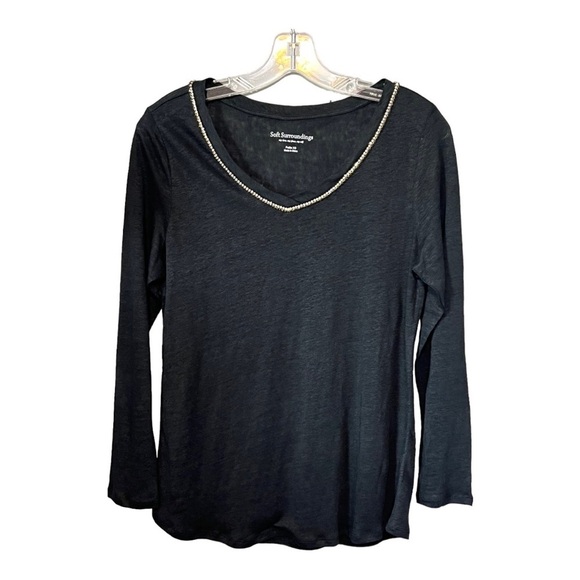 Soft Surroundings Linen Pajama Top Black Jeweled V-Neck Long Sleeve Shirt XSP - Picture 3 of 5